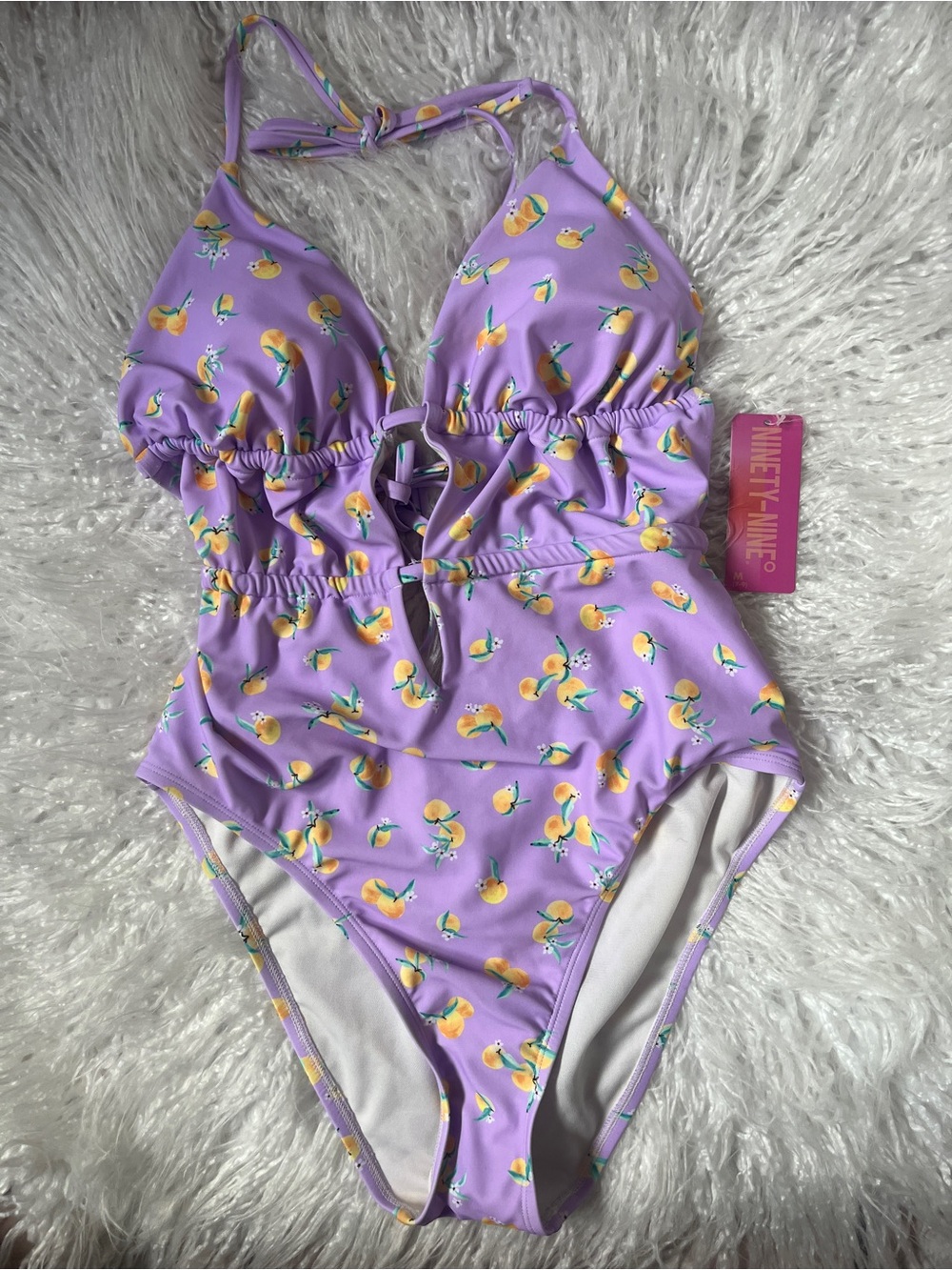 One-Piece Swimsuit in Lavender with Lemon Drop Print, size medium